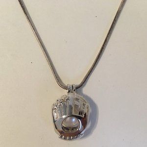 Baseball Glove Pendant Charm Snake Chain Necklace 925 Sterling Silver Pearl